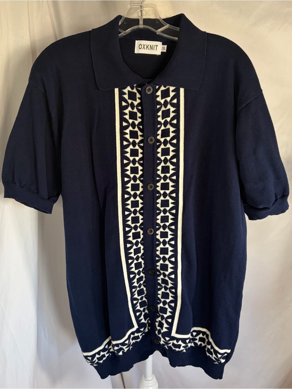 OxKnit Men’s Buttoned Down Short Sleeve Knit Polo Navy with White Patterns 2XL